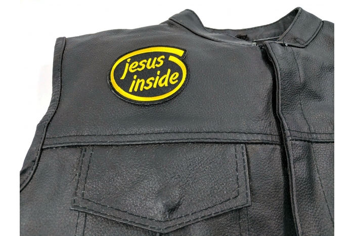 Jesus Inside Patch - 3x2.5 inch. Embroidered Iron on Patch shown on leather vest