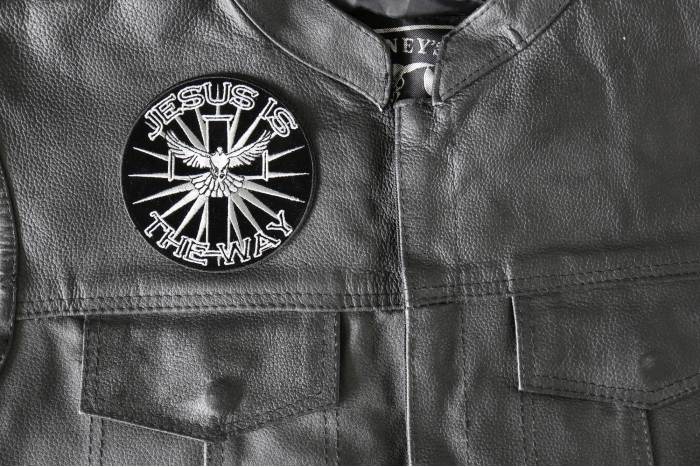 Jesus is the Way Patch - 4x4 inch - Embroidered Iron on Patch shown on leather vest