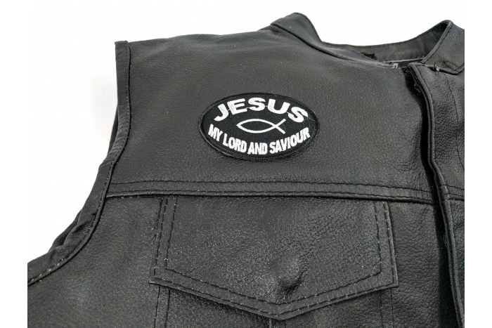 Jesus My Lord and Saviour Patch - 3x2 inch. Embroidered Iron on Patch shown on leather vest