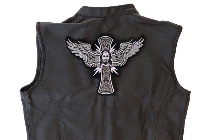 Christian Cross Jesus Patch, Large Christian Back Patches shown on leather vest