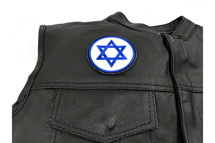 Jewish Star Patch - 3x3 inch. Embroidered Iron on Patch shown on leather vest