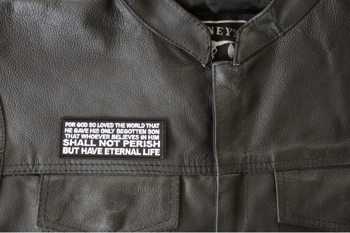 John 3 16 Quote Patch - 4x1.5 inch - Embroidered Iron on Patch shown on leather vest
