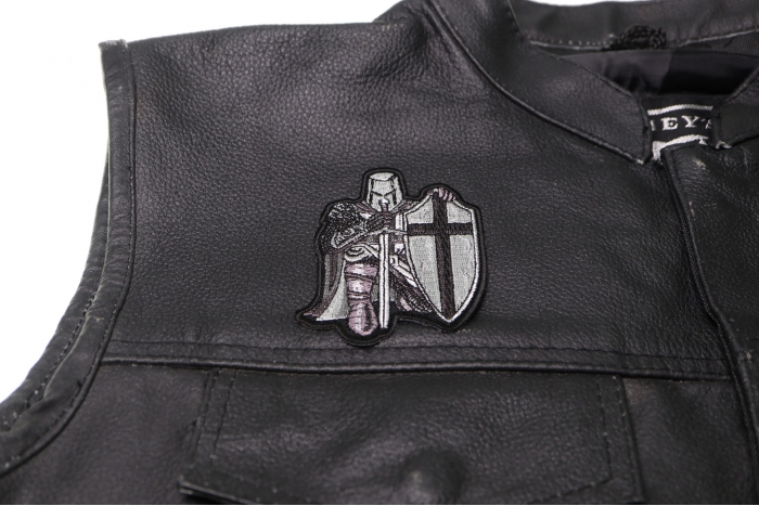 Kneeling Knight Crusader Mini Patch - 2.75x3.5 inch. Embroidered Iron on Patch shown on leather vest