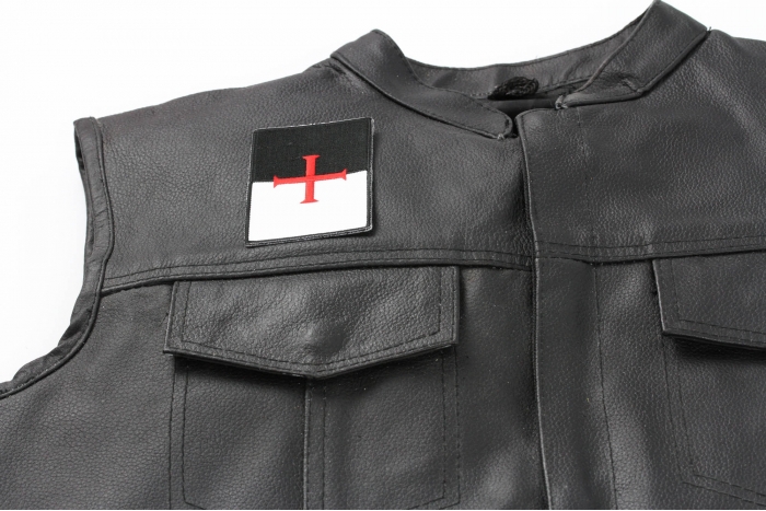 Knights Templar Flag Patch - 2.5x3.5 inch shown on leather vest