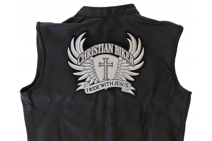 Christian Biker I Ride with Jesus Patch, Large Christian Back Patches shown on leather vest
