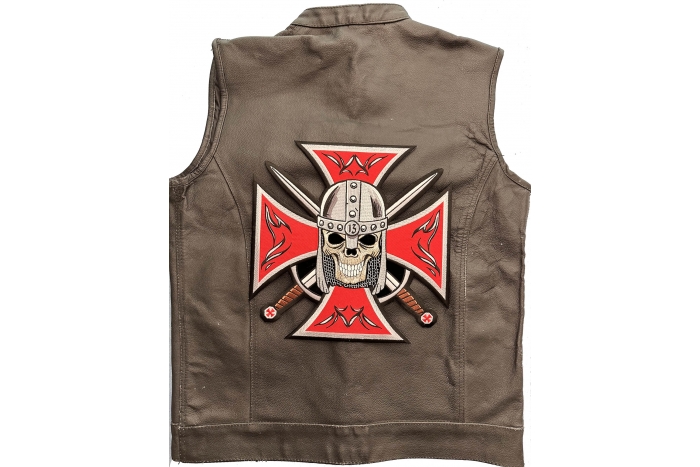 Maltese Cross Skull Knight Patch shown on leather vest
