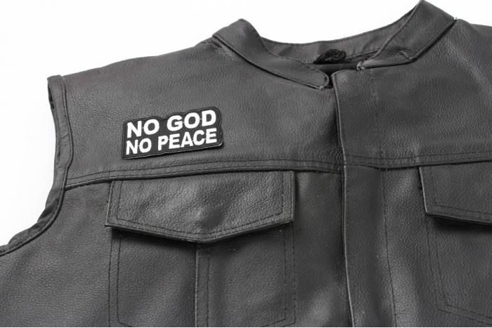 No God No Peace Patch - 3x1.75 inch shown on leather vest