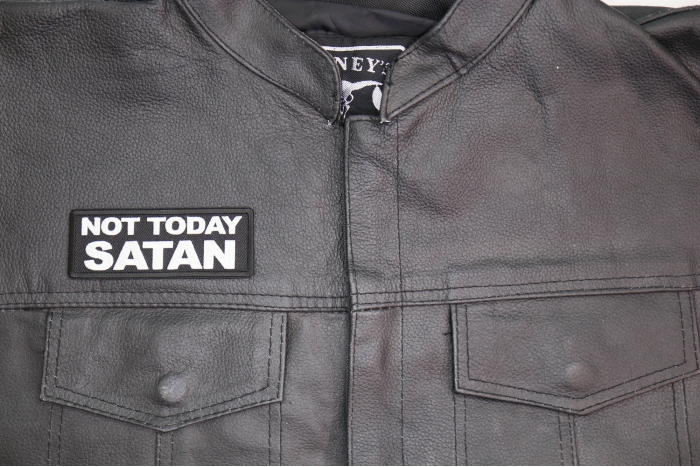 Not Today Satan Patch shown on leather vest