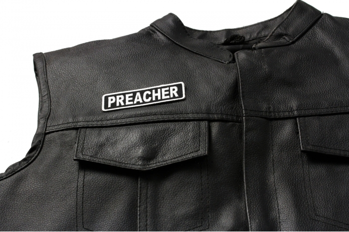 Preacher Patch, Christian Saying Patches shown on leather vest