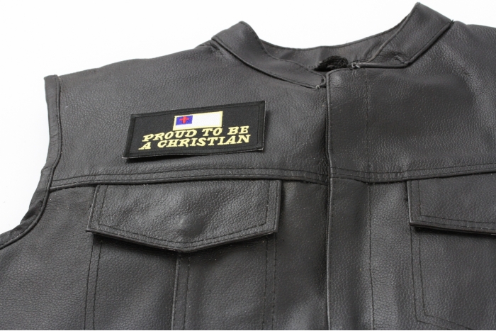 Proud To Be A Christian Patch, Saying Patches shown on leather vest