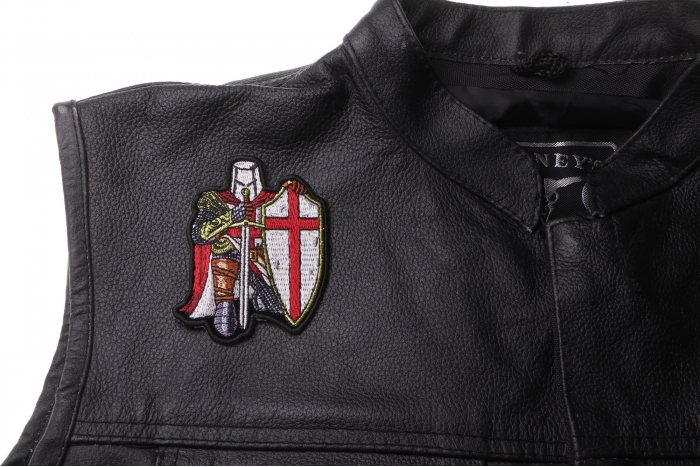 Red Knight Crusader Patch Mini Size - 2.75x3.5 inch. Embroidered Iron on Patch shown on leather vest