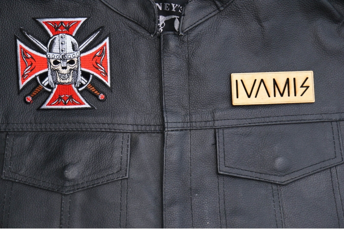 Red Maltese Cross Skull Knight Patch shown on leather vest