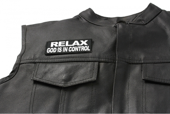 Relax God Is In Control Patch - 4x1.5 inch. Embroidered Iron on Patch shown on leather vest
