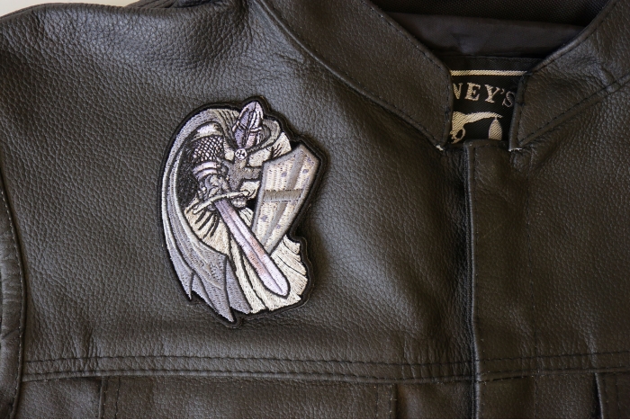 Silver Cape Templar Knight Patch - 3x4 inch - Embroidered Iron on Patch shown on leather vest