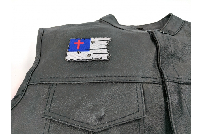 Tattered Christian Flag Patch - 3x2 inch shown on leather vest