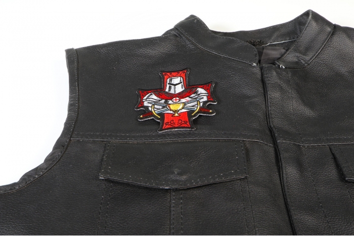Templar Holy Grail Christian Patch - 3.4x4 inch. Embroidered Iron on Patch shown on leather vest