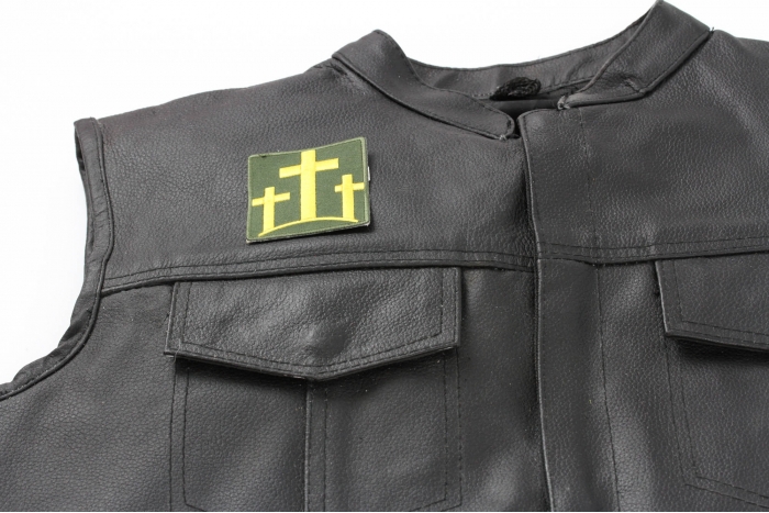 Three Crosses Patch, Christian Patches shown on leather vest