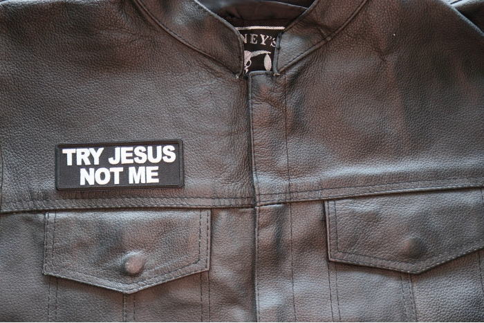 Try Jesus Not Me Patch shown on leather vest