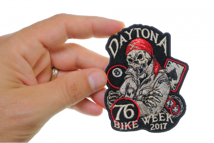 Daytona 2017 Bike Week Biker Skull Iron on Patch shown on hand for size comparison