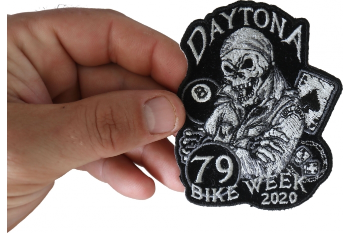 Daytona Bike Week 2020 Iron on Patch shown on hand for size comparison