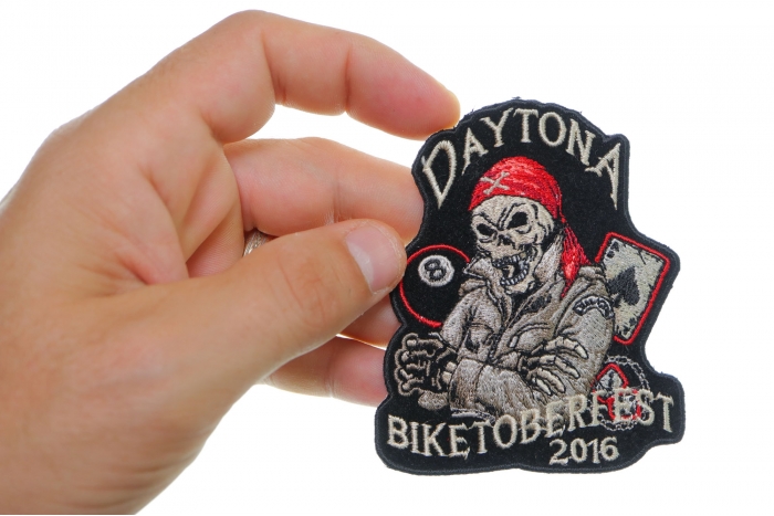 Daytona Biketoberfest 2016 Biker Rally Skull Patch shown on hand for size comparison