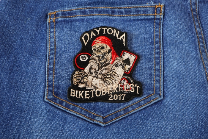 Biketoberfest 2017 Daytona Skull Biker Patch shown on jeans