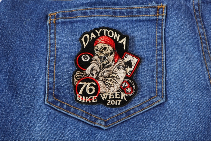 Daytona 2017 Bike Week Biker Skull Iron on Patch shown on jeans