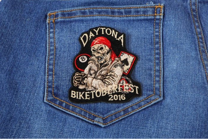 Daytona Biketoberfest 2016 Biker Rally Skull Patch shown on jeans