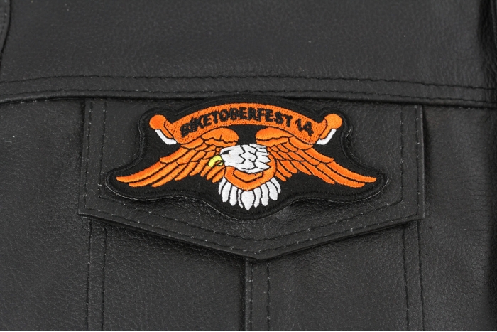 Biketoberfest 2014 Orange Downwing Eagle Biker Patch - Iron on Patch - 4x1.5 inch shown on leather vest