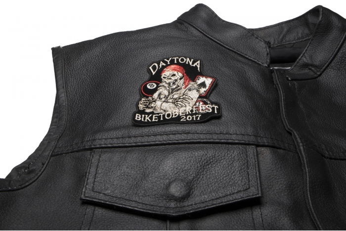 Biketoberfest 2017 Daytona Skull Biker Patch - Iron on Patch - 3x3.5 inch shown on leather vest