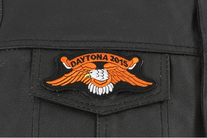Daytona 2015 Orange Downwing Eagle Patch - Iron on Patch - 4x2 inch shown on leather vest