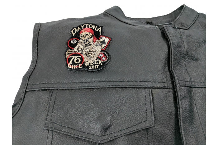 Daytona 2017 Bike Week Biker Skull Patch - Iron on Patch - 3x3.5 inch shown on leather vest
