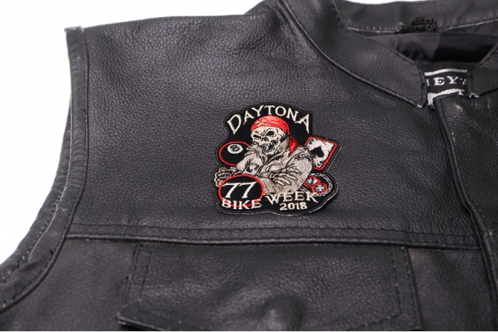 Daytona 2018 Bike Week Patch - Iron on Patch - 3x3.5 inch shown on leather vest