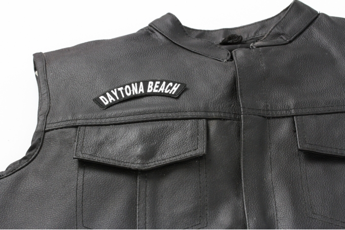 Daytona Beach Rocker Patch - Iron on Patch - 4x1.5 inches shown on leather vest