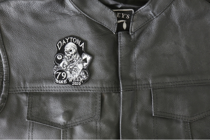 Daytona Bike Week 2020 Patch - 3x3.5 inch - Embroidered Iron on Patch shown on leather vest