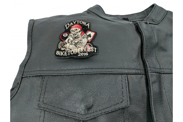 Daytona Biketoberfest 2016 Biker Rally Skull Patch - Iron on Patch - 3x3.5 inch shown on leather vest