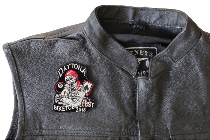 Daytona Biketoberfest 2018 Patch - Iron on Patch - 3x3.5 inch shown on leather vest