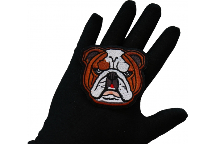 Bulldog Iron on Patch shown on hand for size comparison