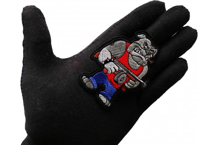 Bulldog Machine Gun Patch shown on hand for size comparison
