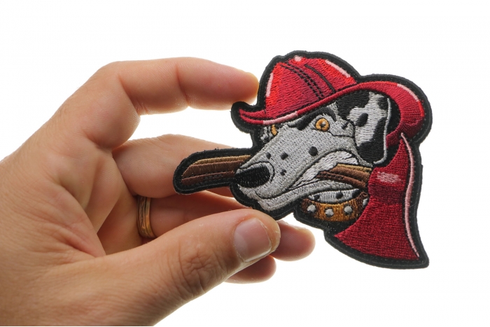 Fireman's Best Friend Small Iron on Patch shown on hand for size comparison