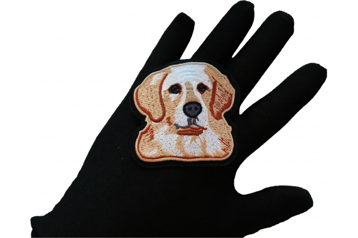 Golden Retriever Dog Iron on Patch shown on hand for size comparison