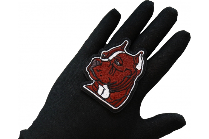 Handsome Pitbull Patch shown on hand for size comparison