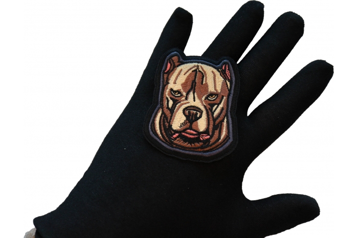 Mean Pitbull Dog Iron on Patch shown on hand for size comparison