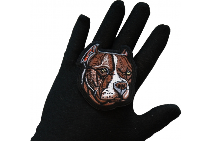 PitBull Dog Iron on Patch shown on hand for size comparison