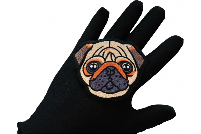 Sweet Pug Iron on Patch shown on hand for size comparison
