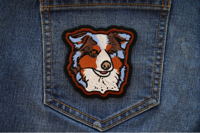 Australian Shepherd Dog Iron on Patch shown on jeans