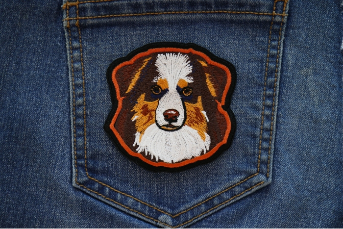 Australian Shepard Dog Iron on Patch shown on jeans