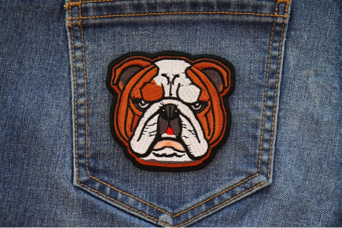 Bulldog Iron on Patch shown on jeans