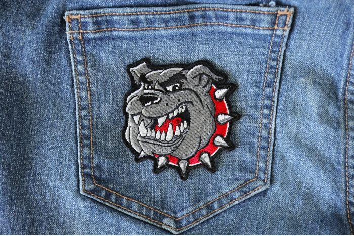 Bulldog Red Collar Iron on Patch shown on jeans