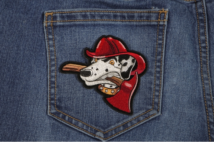Fireman's Best Friend Small Iron on Patch shown on jeans
